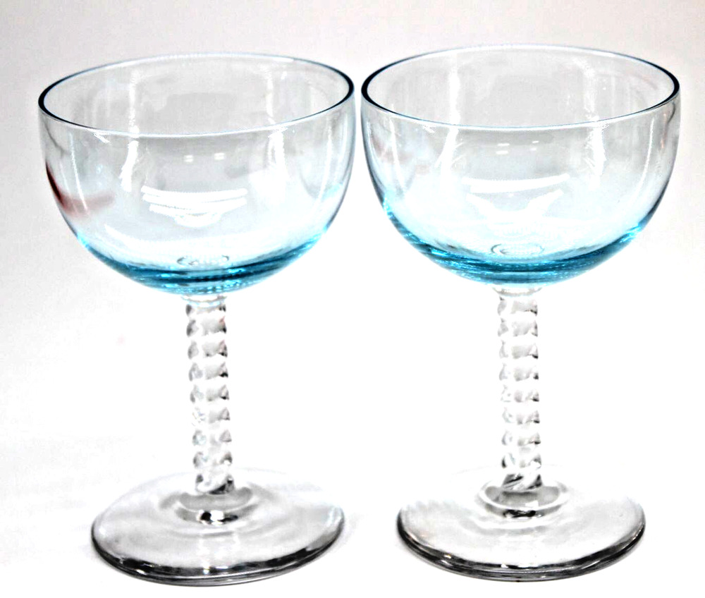 2 Two Vintage Champaign Glasses Light Blue Twisted Spiral Stem • Pair • 5" Tall